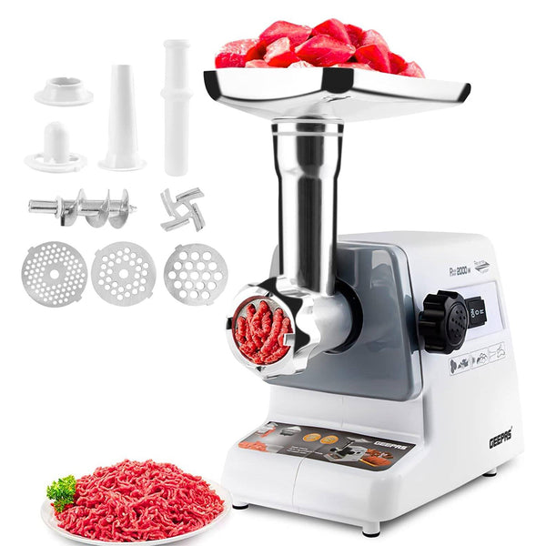 Geepas GMG-767 Meat Grinder – 2000W, Stainless Steel Body, 3 Attachments
